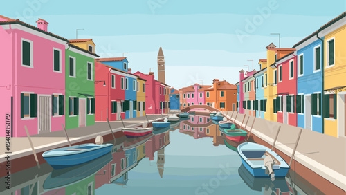 Colorful canal scene with boats and vibrant buildings in a flat design