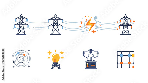 Energy transmission and electrical grid icons in flat style