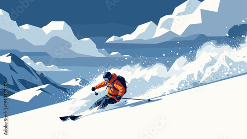 Skier speeding down snowy mountain in modern flat art style