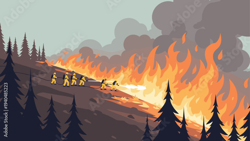 Firefighters battling forest wildfire on mountain slope with smoke and flames