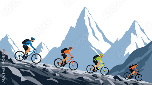 Cyclists climbing mountain trails in abstract style with majestic peaks