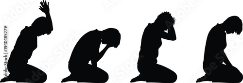 Depressed Man Kneeling Silhouette Poses Showing Stress, Anxiety, Grief and Emotional Pain Mental Health Awareness Vector Illustration