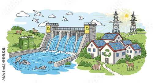 Hydroelectric Dam with Water Flowing Downstream.