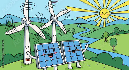 Cartoon Wind Turbine and Solar Panels.