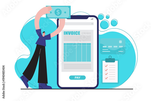 Flat vector illustration showing a man paying an invoice using a mobile phone while holding cash. Concept of digital billing, financial transaction and fintech payment system.