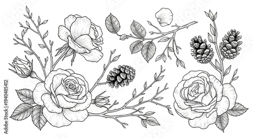 Black and White Floral Illustration with Roses.
