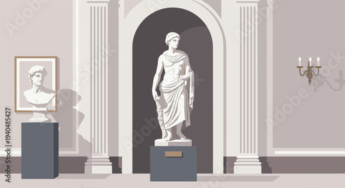 Elegant museum interior featuring classical statue and bust display