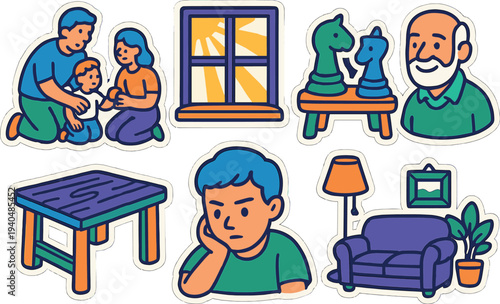 Retro family and home elements in vintage comic style