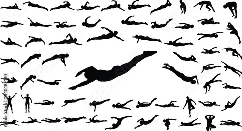 Large collection of black silhouettes featuring people swimming diving and jumping into water in various poses, cad drawing flat vector illustration