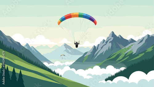 Colorful paragliding adventure over majestic mountain landscape