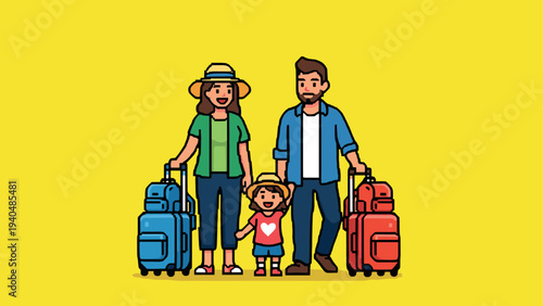 Family traveling adventure with luggage in minimalist pixel art style