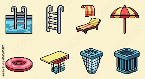 Retro pixel art icons of pool and beach essentials