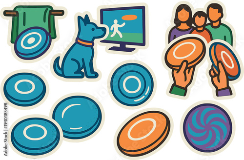 Colorful frisbee play elements with dog and family in retro style