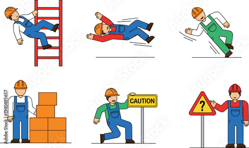 Construction worker safety hazards and accident scenarios set including falling, slipping, ladder accident, caution sign and workplace safety awareness illustration