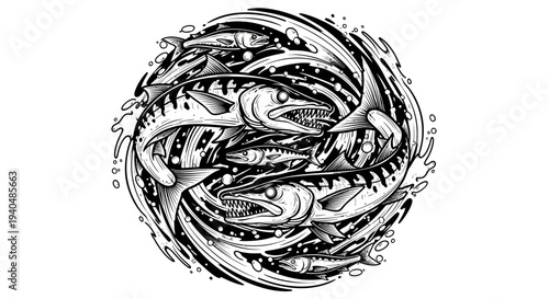 Black and White Illustration of Eels.