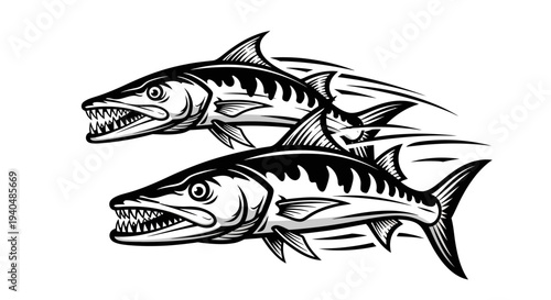Black and White Illustration of Two Fish.