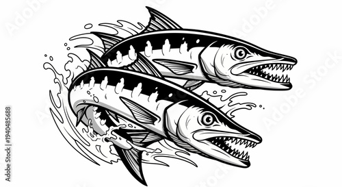 Barracudas Swimming Together in Water Illustration.