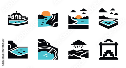 Minimalist nature and architecture icon set with sea, mountains, and buildings