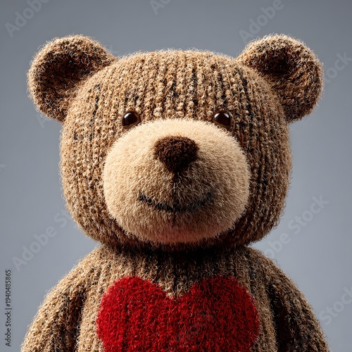 A close-up of a brown teddy bear with a red heart on its chest