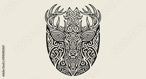 Intricate Deer Head Tattoo Design Illustration.
