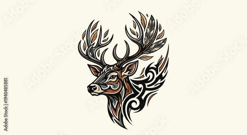 Stylized Deer Head with Antlers Illustration.