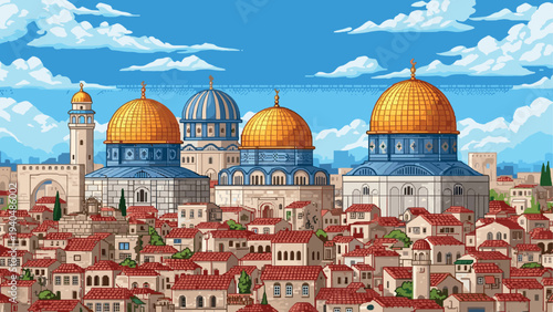 Colorful pixel art cityscape with golden and blue domes under a blue sky