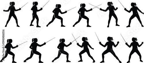Fencing athlete silhouettes collection showing female fencer combat poses with sword in dynamic sport action isolated vector illustration set