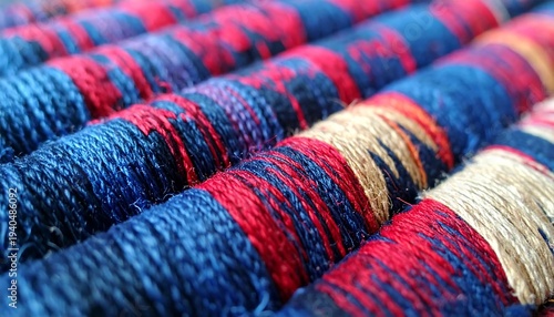 colorful yarns in red blue and beige on spools