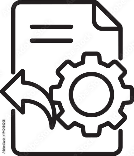 Document with gears and arrow line icon for reverse engineering and process optimization in technical and industrial applications