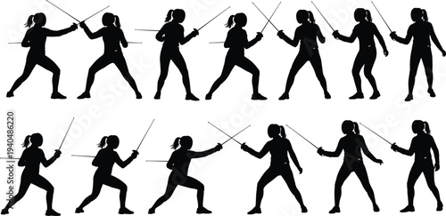 Female fencing athlete silhouettes performing sword fighting poses, dynamic sport duel actions and training movements isolated vector illustration setFemale fencing athlete 