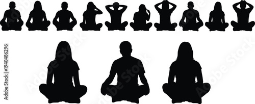 Meditation and yoga sitting silhouettes collection with men and women practicing mindfulness, lotus pose relaxation isolated vector illustration set