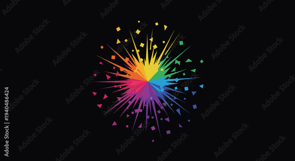 Fototapeta premium Dynamic abstract colorful burst against a dark background, featuring a radiant rainbow spectrum of light and energy, ideal for festive and modern designs.