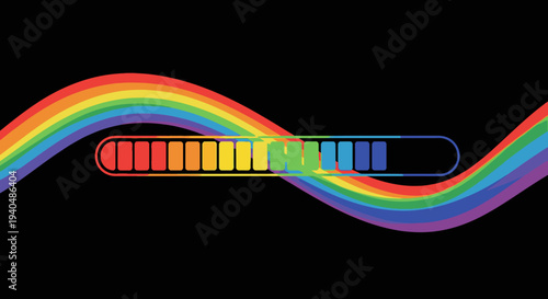 Colorful rainbow spectrum wave with a vibrant gradient progress bar on a dark background, symbolizing digital loading, progress, and diversity.