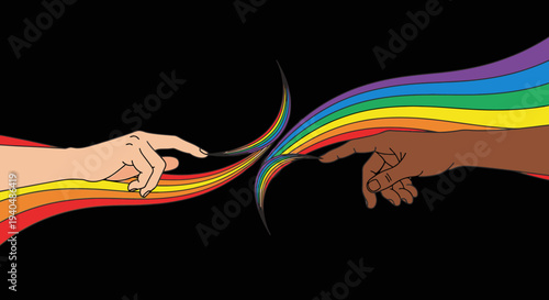Diverse hands reaching for connection, intertwined with vibrant rainbow colors symbolizing unity, equality, and human rights against a dark background.