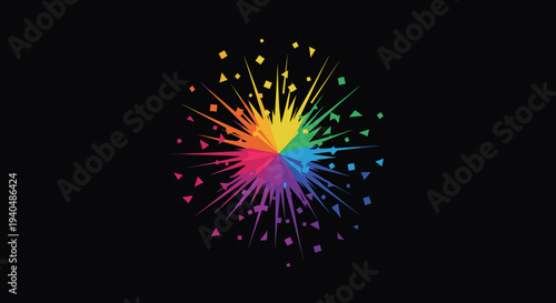 Dynamic abstract colorful burst against a dark background, featuring a radiant rainbow spectrum of light and energy, ideal for festive and modern designs.