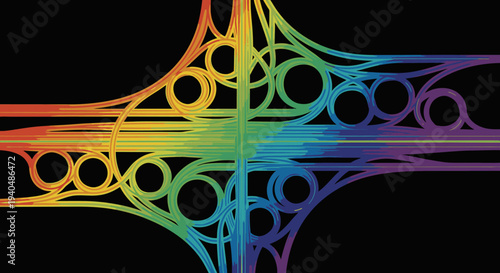 Abstract aerial view of a complex highway interchange with rainbow colored lanes against a black background