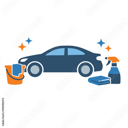 Shiny car with cleaning tools and sparkling effects