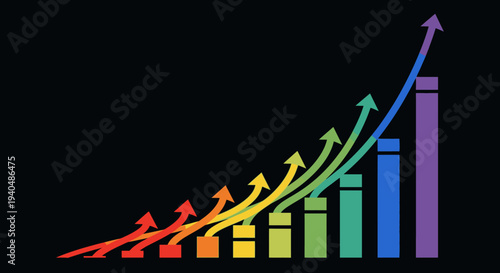 Rainbow colored arrows and bars showing upward trend and growth on black background