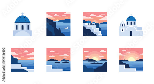 Santorini sunset series: minimalist greek island art prints with ocean views