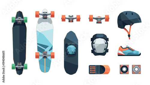 Skateboarding gear collection featuring helmets, longboards, and accessories in modern flat style