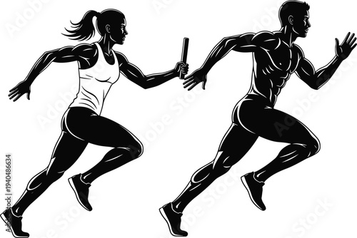 Relay Race Athletes Running Silhouette with Baton Passing Between Female and Male Sprinters Track and Field Sport Vector Illustration