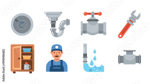 Plumbing tools and equipment icons for repair and maintenance services