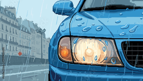 Retro pixel art car in rainy urban street scene
