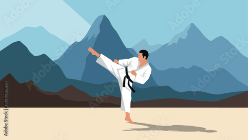 Karate master kicking in mountain landscape background