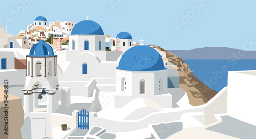 Charming santorini architecture with iconic blue domes and aegean sea view in flat design