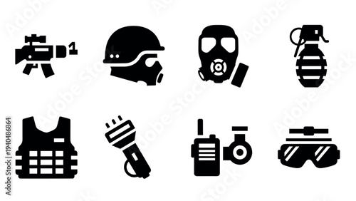 Black silhouette icons of tactical military gear and equipment collection
