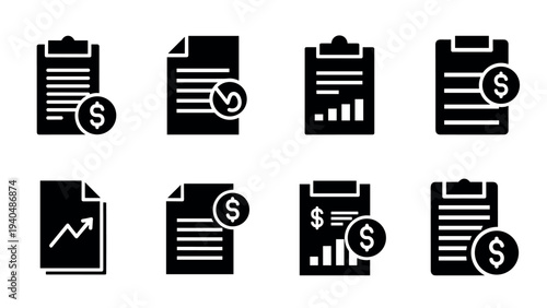 Bold silhouette icons of financial documents with dollar signs