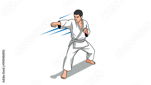 Karate practitioner in action pose wearing gi with dynamic movement lines