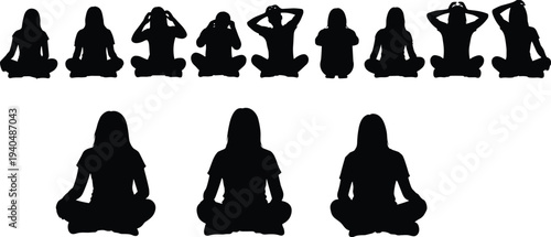 Women meditation and yoga sitting silhouettes collection in lotus pose practicing mindfulness, relaxation and wellness isolated vector illustration set