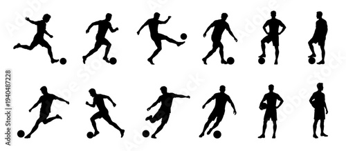 Soccer player silhouettes set. Football players in different poses kicking ball isolated on white background.